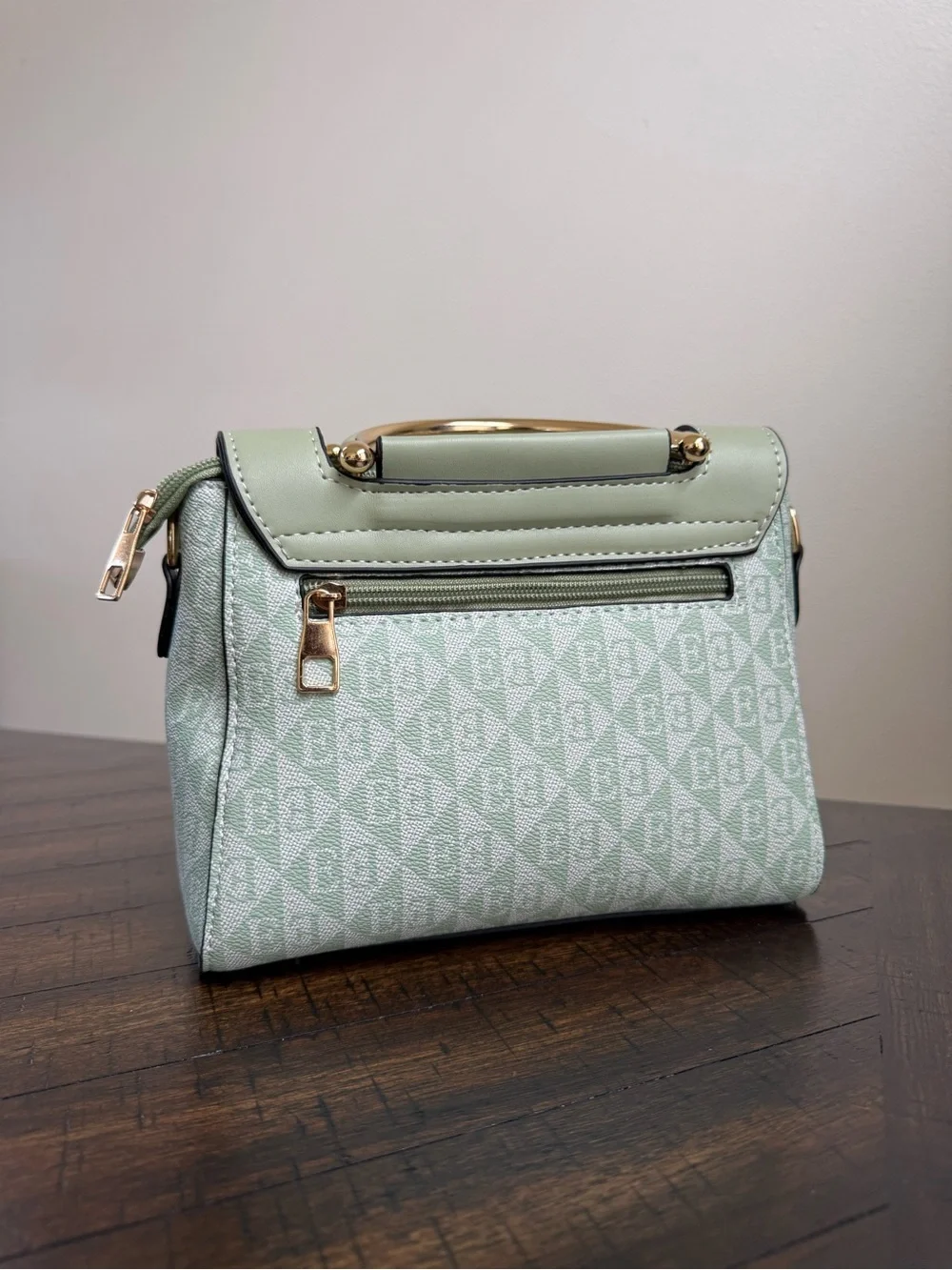 Mint Green Top-Handle Crossbody Bag with Gold Flamingo Accent